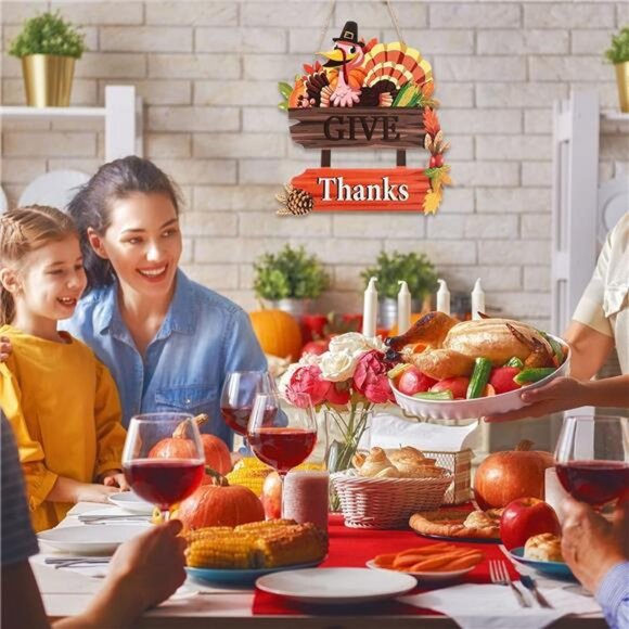 2 Pieces Give Thanks Wood Sign and Happy Thanksgiving Door Sign - Pumpkin Front - Picture 5 of 8
